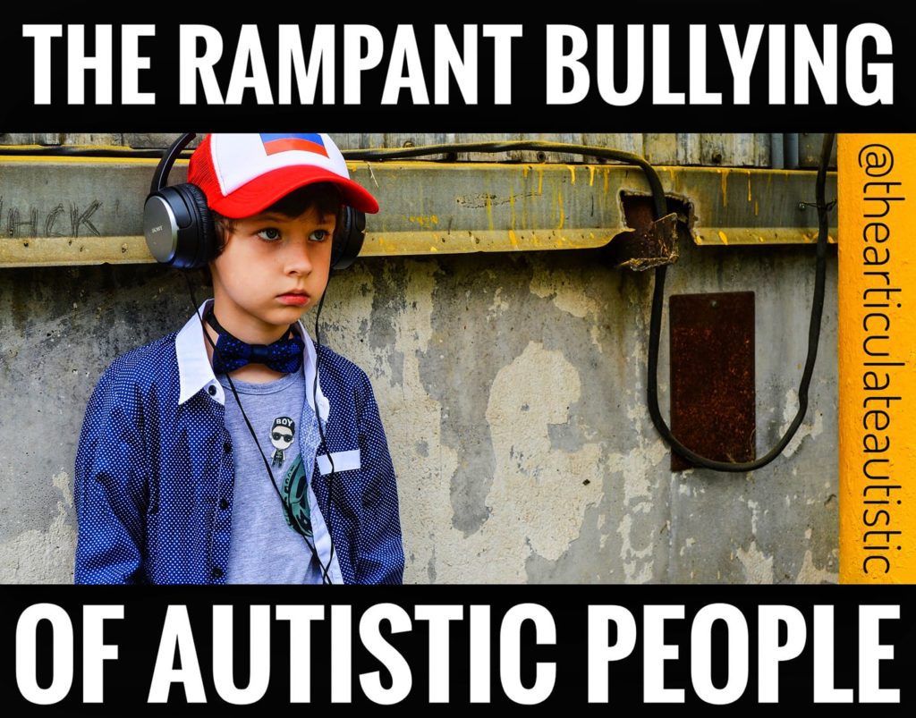 Little boy with dark hair, a baseball cap, and a bow tie wearing headphones and looking off into the distance. The text reads, "The rampant bullying of autistic people".