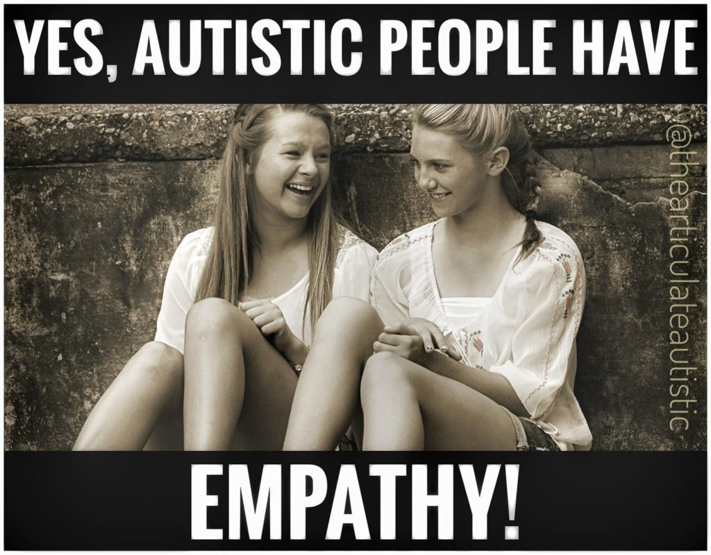 Two young women sitting outside against a concrete wall, talking and laughing. Text reads, "Yes, autistic people have empathy!"