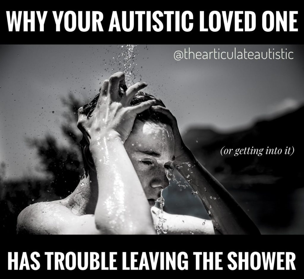 Black and white photo of a teenage boy standing under a stream of water with his head and shoulders in the frame, his hands in his hair with text that reads, "Why your autistic loved one bas trouble leaving the shower (or getting into it)".