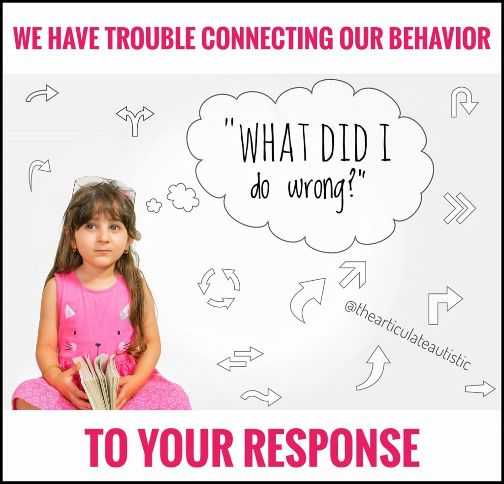 Little girl with long brown hair holding a book in her hands while looking up and off to the side with a speech bubble that reads, "What did I do wrong?" Pink text on white reads, "We have trouble connecting our behavior to your response".