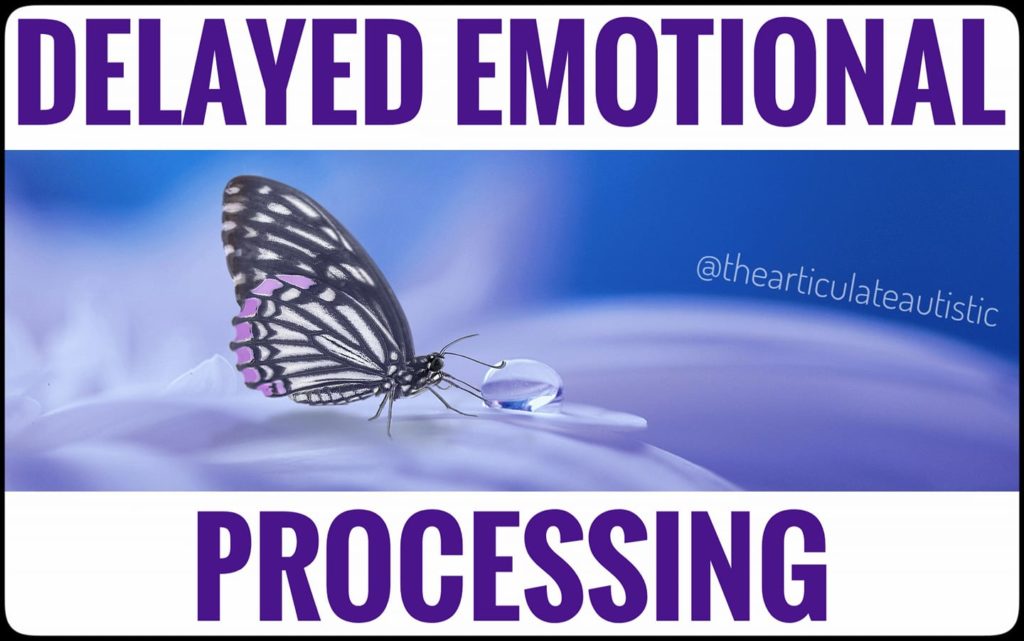Butterfly on a flower gently feeling a dew drop. The background is a bluish-purple with purple text on a white background that reads, "Delayed Emotional Processing".