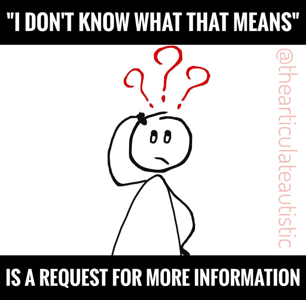  A black and white graphic of a confused person scratching their head with 3 red question marks over their head with text that reads, "I don't know what that means is a request for more information".