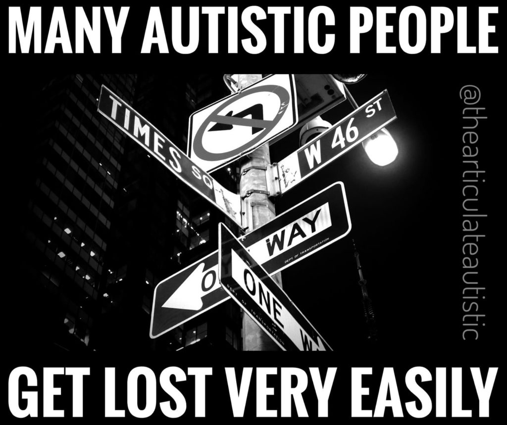 Black and white photo of street signs with text that reads, "Many autistic people get lost very easily".