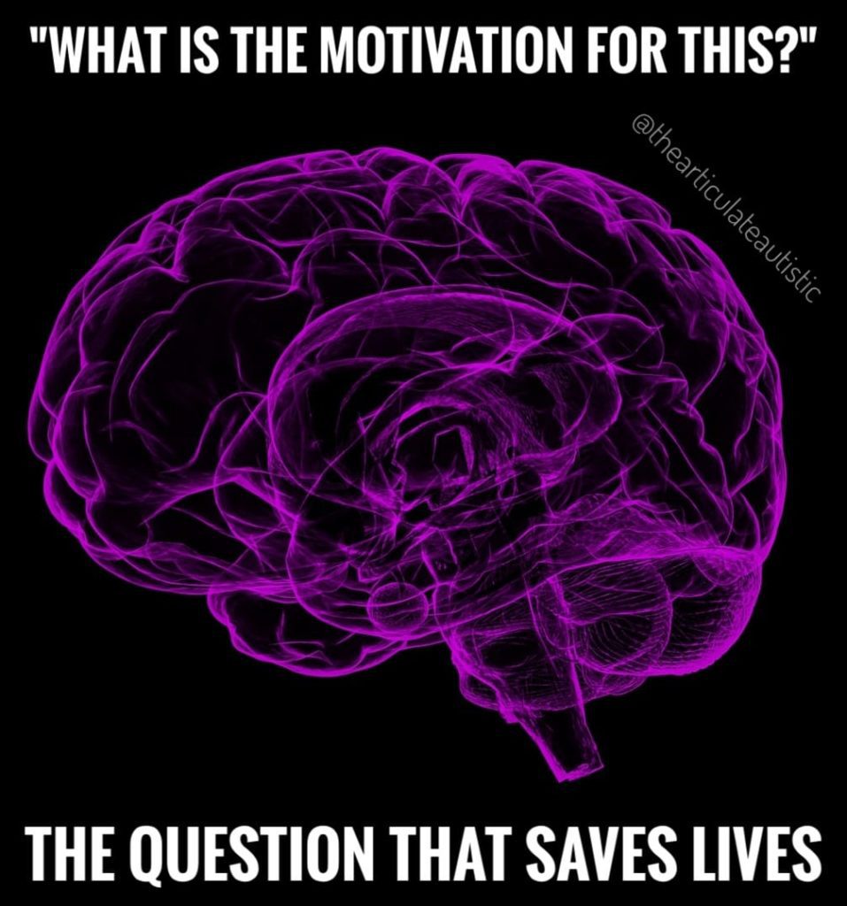  A computer graphic of a brain rendered in purple with text that reads, "What is the motivation for this? The question that saves lives."