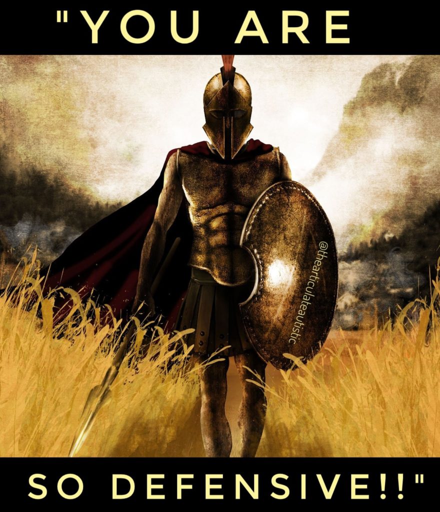 Roman soldier walking across a field with a helmet, sword, an shield with text that reads, "You are so defensive!"