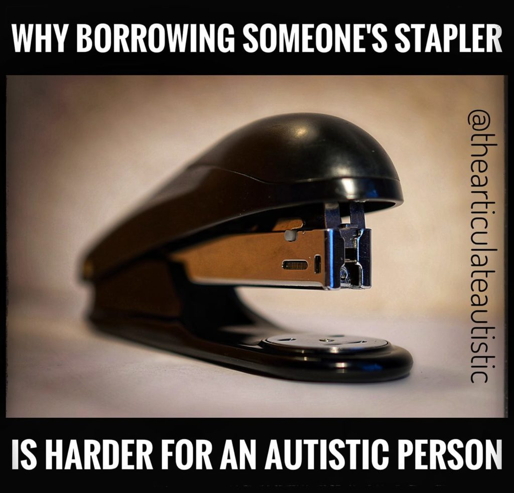 Black stapler on a beige background with text that reads, "Why borrowing someone's stapler is harder for an autistic person".