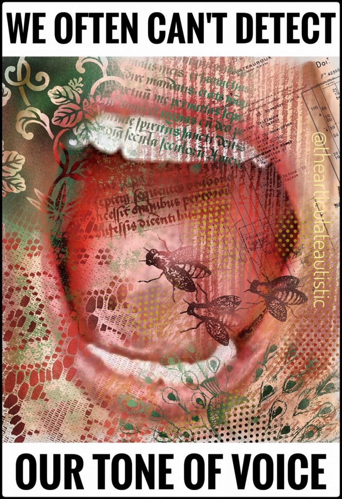 Graphic of an open mouth with teeth showing with bees coming out of the mouth with text that reads, "We often can't detect our tone of voice."