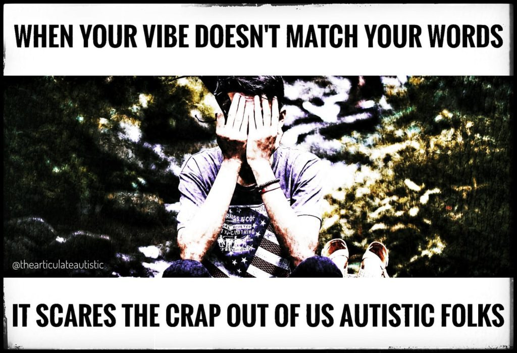 Young man sitting on a rock in a river with his hands over his eyes with text that reads, "When your vibe doesn't match your words, it scares the crap out of us autistic folks".