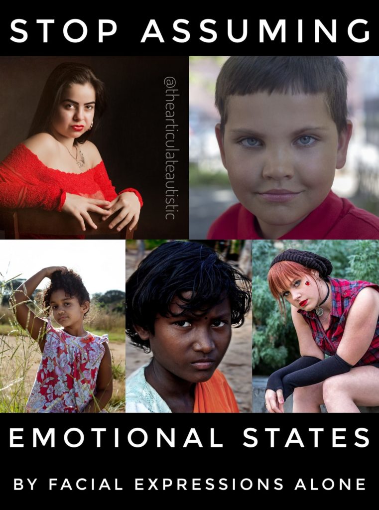 Collage of 5 people of varying race, age, and gender with ambiguous facial expressions with text that reads, "Stop assuming emotional states by facial expressions alone".