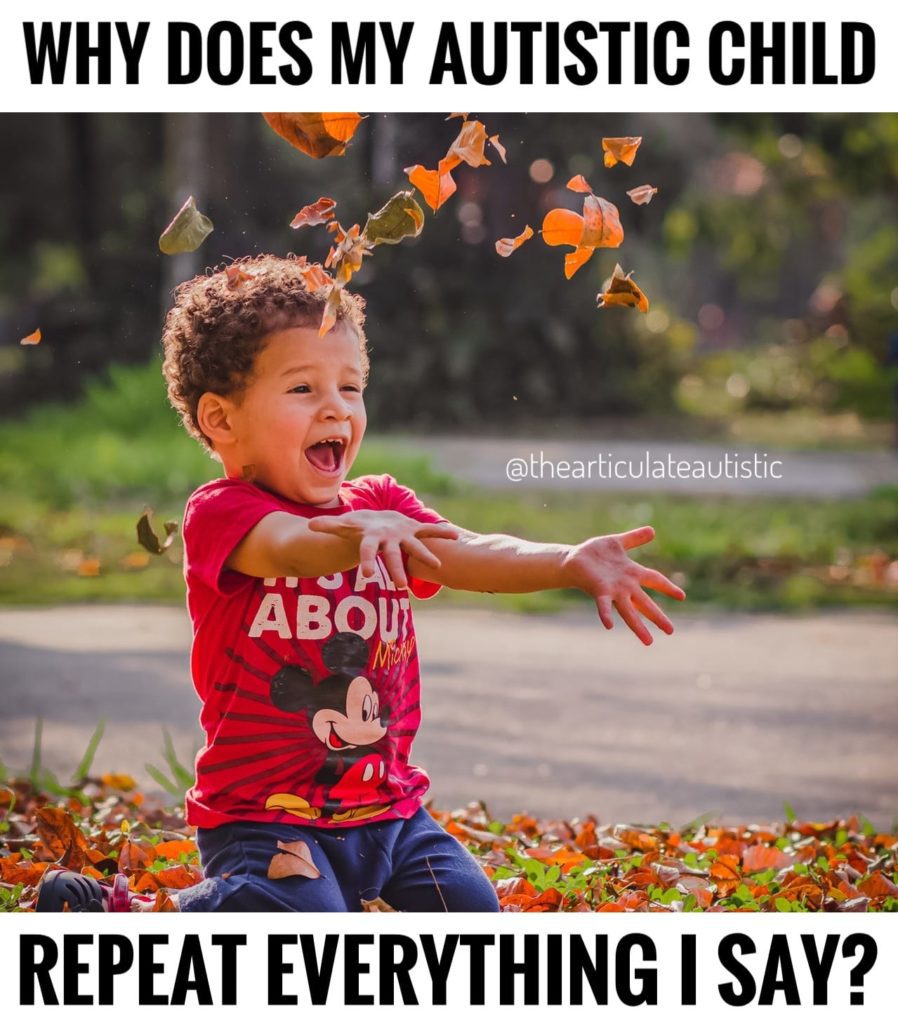 Child laughing and playing in leaves with text that reads, "Why does my autistic child repeat everything I say?"