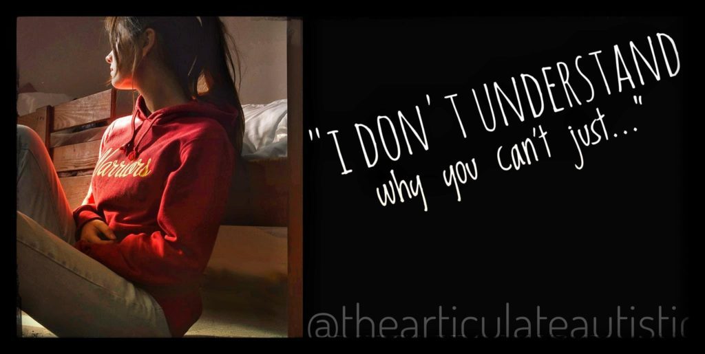 Young woman in a red sweatshirt and a ponytail sitting on the floor next to a bed, her head turned away from the camera. Text reads, "I don't understand why you can't just..."