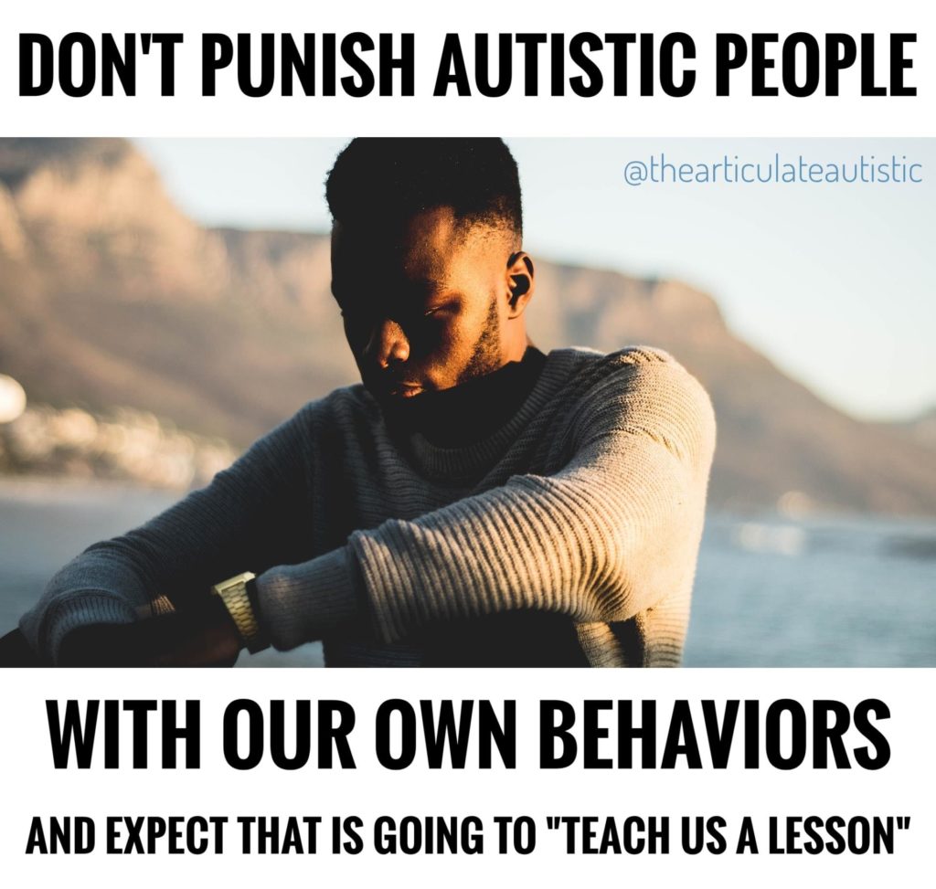 Black man in deep thought sitting down outside on a beach, the sunset at his back. Text reads, "Don't punish autistic people with our own behaviors and expect that is going to 'teach us a lesson'".