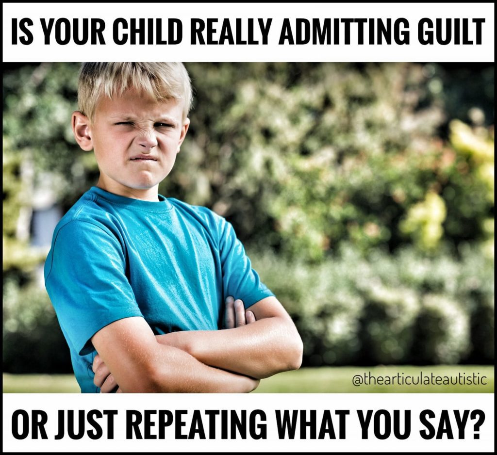 Blonde, male child wearing blue T-shirt with his arms crossed over his chest and squinting into the camera with text that reads, "Is your child really admitting guilt or just repeating what you say?"]