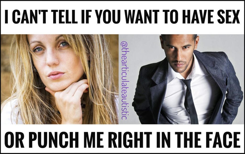 Two images side by side, one is of a white woman with long, blonde hair and a flirtatious look on her face, the other is a man of indeterminate heritage with facial hair, a suit and tie, and a smoldering look in his eyes with text that reads, "I can't tell if you want to have sex or punch me right in the face".