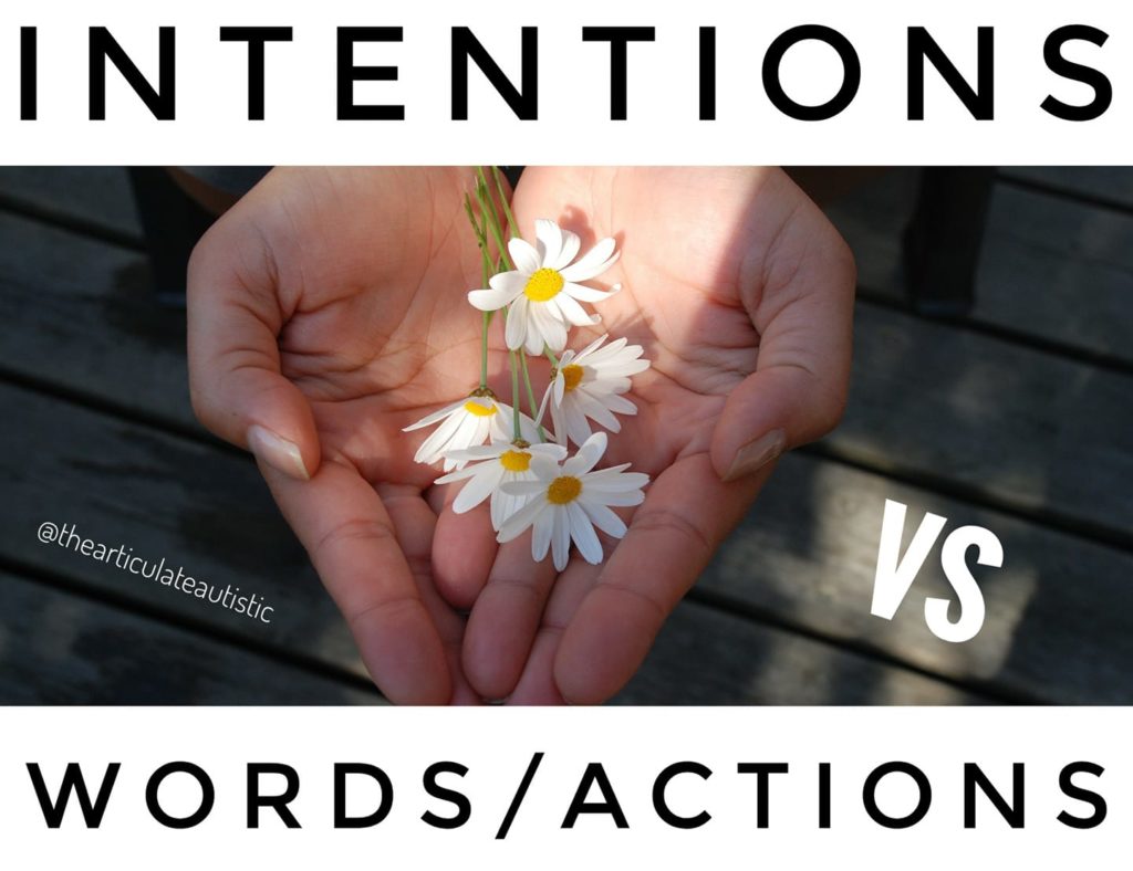 Close-up photo of daisies in a pair of offering hands with text that reads, "Intentions vs words/actions".
