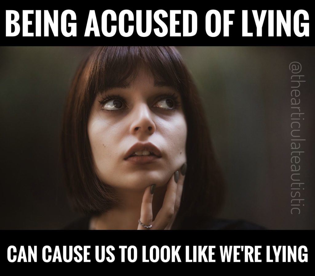 Woman with brown hair looking up with a worried or nervous expression on her face. Text reads, "Being accused of lying can cause us to look like we're lying".