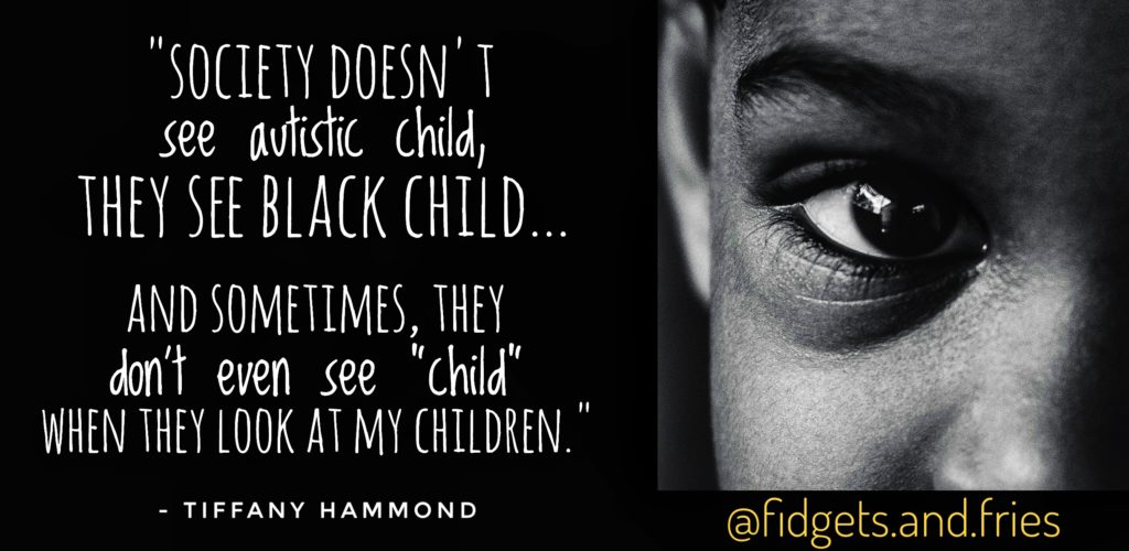 A close-up photo of a Black child with text that reads, ""child" when they look at my children.” - Tiffany Hammond, Fidgets and Fries