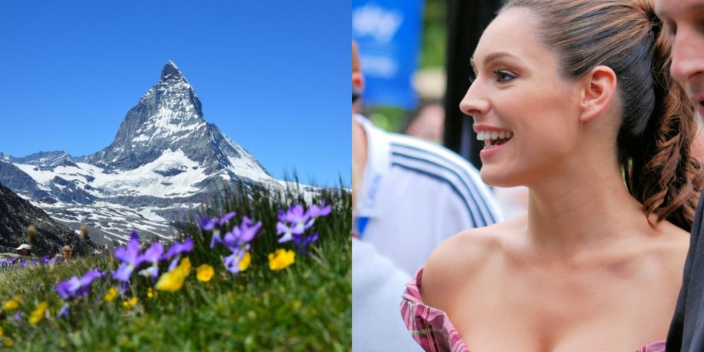 Two photos side by side: On the left, a pretty view of mountains overlooking a field of flowers. On the right, an attractive brunette with a ponytail and a low-cut top smiling while looking away from the camera.