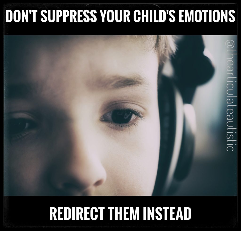 Close-up photo of a young boy with brown eyes. He's wearing headphones. Text reads, "Don't suppress your child's emotions, redirect them instead".