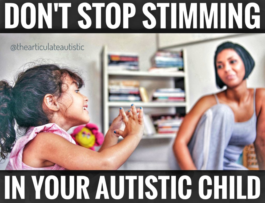 A young girl with dark hair in a ponytail counting on her fingers or playing with them while her mother or teachers looks on. Text reads, "Don't stop stimming in your autistic child".