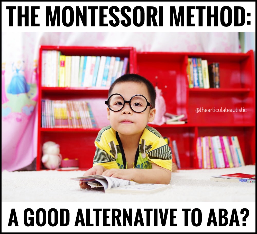 Young child with classes reading a book with a red bookcase behind him. Text reads, "The Montessori Method: A Good Alternative to ABA?"
