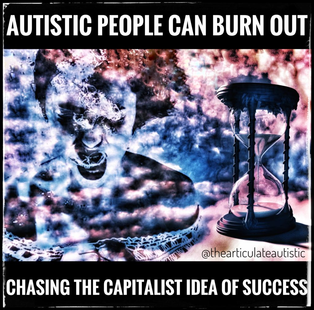 An image of a woman drowning with an hourglass in the background of a surreal blue and red scene. Text reads, "Autistic People Can Burn Out Chasing the Capitalist Idea of Success".