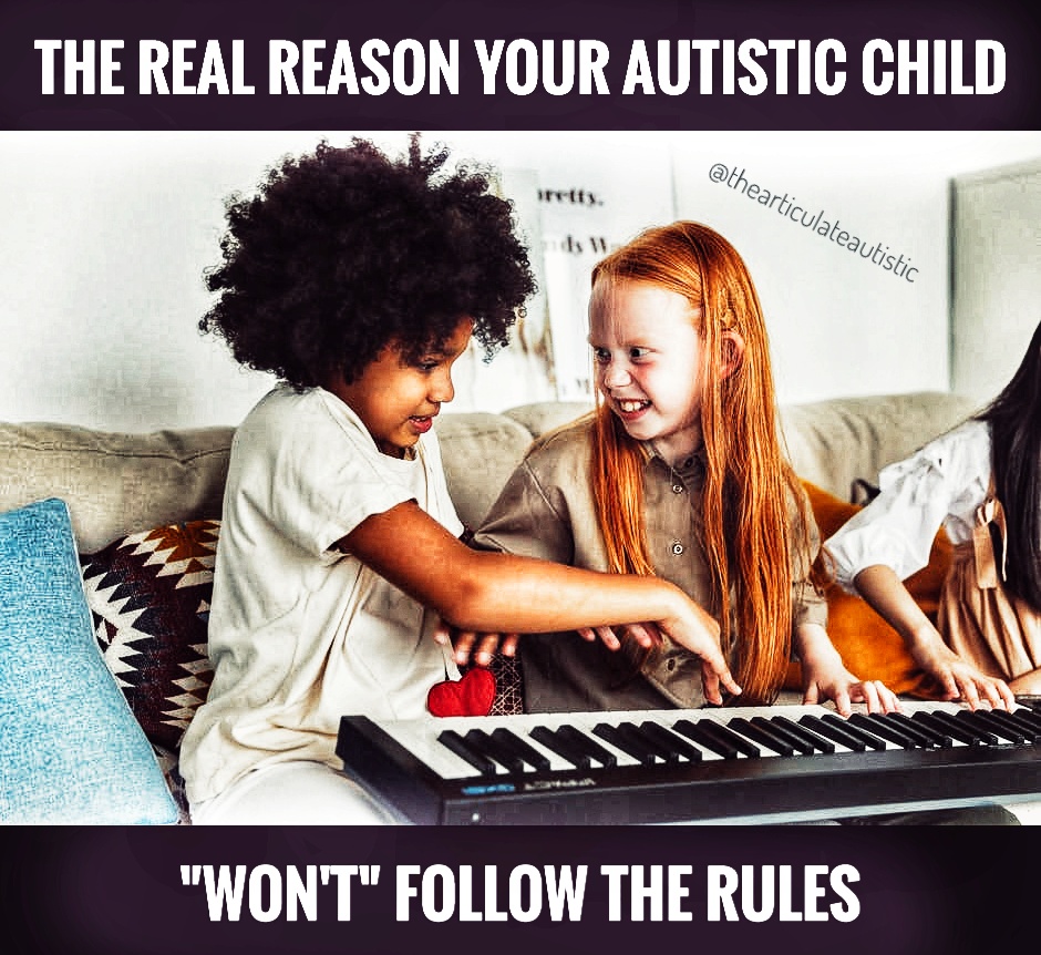 Three children playing an electric keyboard, with one child reaching over to play the keys while another child tries to keep his hand away. Text reads, "The Real Reason Your Autistic Child 'Won't' Follow the Rules".