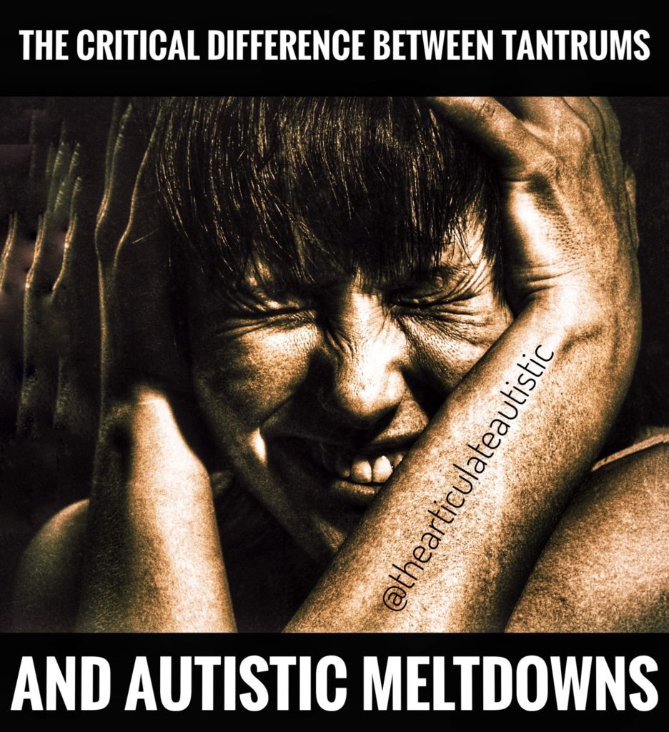A young woman clutching her head with both hands as though hearing a loud and painful sound. Her eyes are scrunched up tightly, and she is grimacing in pain. Text reads, "The Critical Difference Between Tantrums and Autistic Meltdowns".