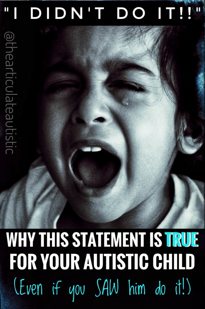Black and white photo of crying child with text that reads, "I Didn't Do It" Why This Statement Is True For Your Autistic Child (Even if you SAW him do it).