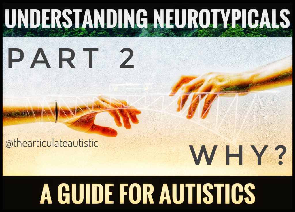 Two hands reaching toward each other over a superimposed bridge. Text reads, "Understanding Neurotypicals - A Guide for Autistics - Part 2 - Why?".