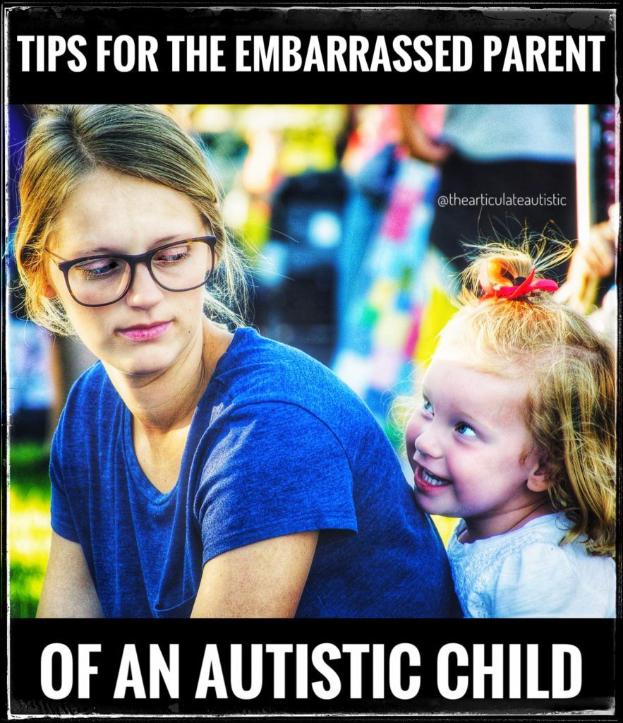 A mother and child at an outdoor festival. The young child is smiling at her mother, and the mother who is wearing a blue shirt and is wearing glasses, looks slightly annoyed at her child. Text reads, "Tips for the Embarrassed Parent of an Autistic Child". 