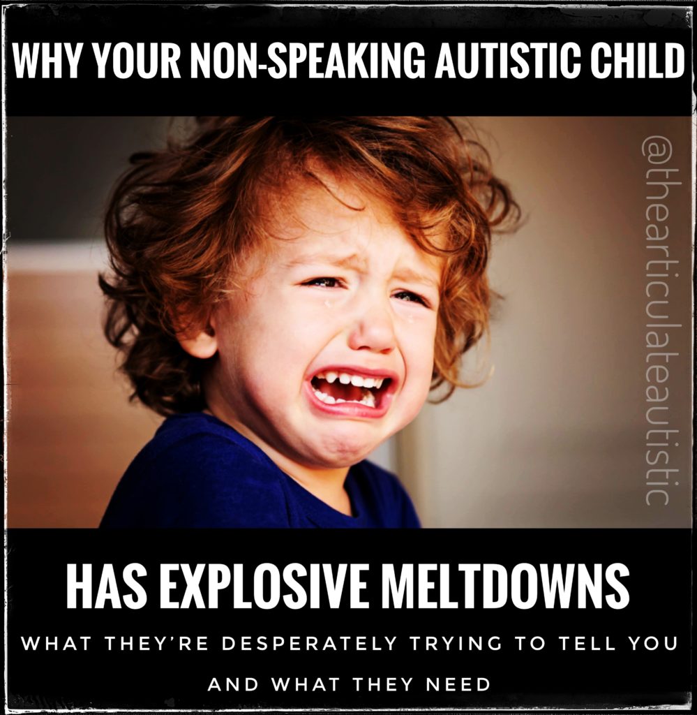 Young child with curly hair and a blue top crying. Text reads, "Why Your Non-Speaking Autistic Child Has Explosive Meltdowns - What They're Desperately Trying to Tell You And What They Need" 