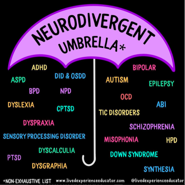 Graphic of a purple umbrella with text that reads, "Neurodivergent Umbrella*. ADHD, ASPD, DID & OSDD, BPD, NPD, Dyslexia, CPTSD, Dyspraxia, Sensory Processing Disorder, Dyscalculia, PTSD, Dysgraphia, Bipolar, Autism, Epilepsy, OCD, ABI, Tic Disorders, Schizophrenia, Misophonia, HPD, Down Syndrome, Synesthesia *Non-Exhaustive List www.livedexperiendeducator @livedexperienceeducator. 