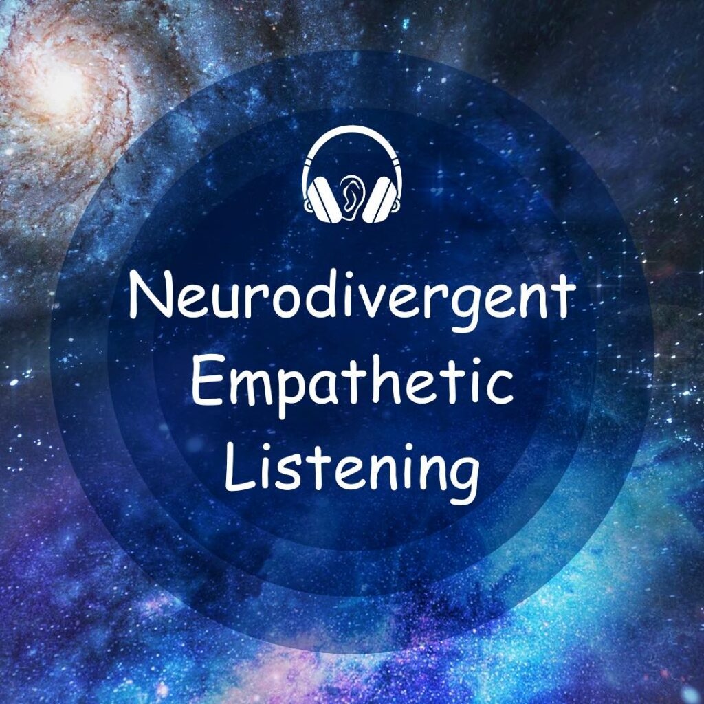 Bright blue cosmic space background with a white graphic of an ear enveloped in headphones.