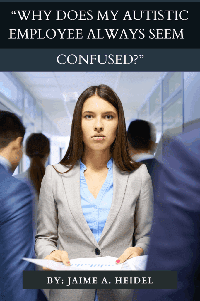 A young woman in an off-white suit jacket and a blue button-up shirt holds a stack of papers while walking straight toward the camera, a confused look on her face. Her colleagues walk past her the opposite way, blurred in motion.
