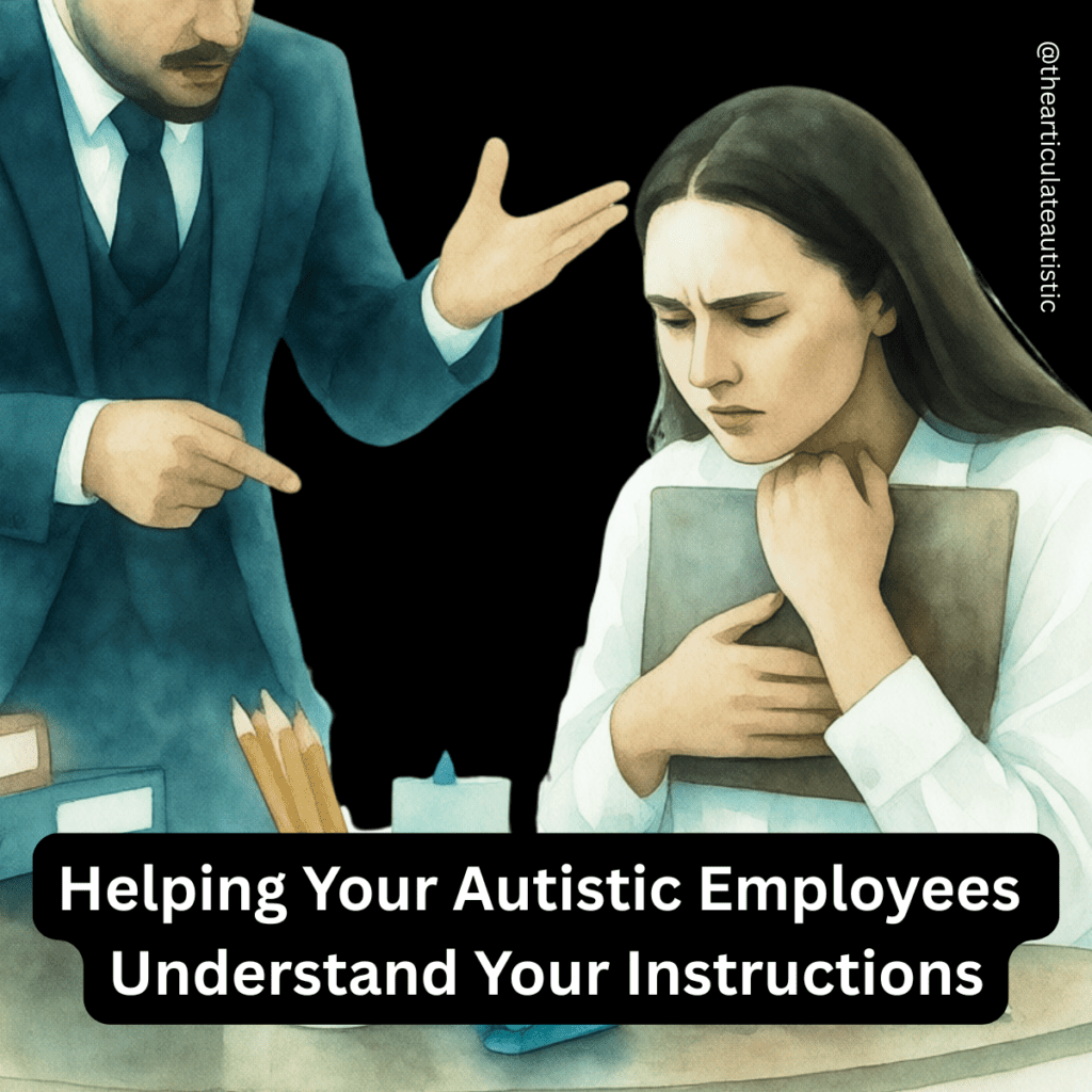 Woman with dark hair and white shirt sits at her desk, clutching her notebook computer to her chest while looking down in shame and confusion. Her boss, wearing a blue suit, gesticulates angrily 