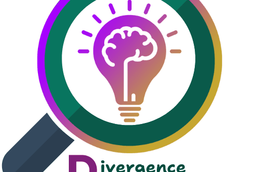 Logo for Divergence Decoded. A dark green, yellow, and pink magnifying glass highlights a bulb with a brain inside