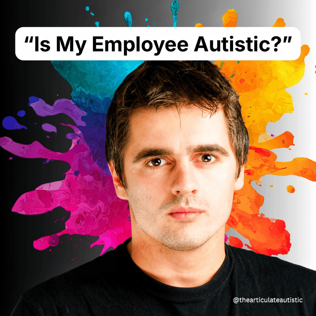 Phot of a man in a black shirt staring slightly off-center at the camera. There is a rainbow design behind his head