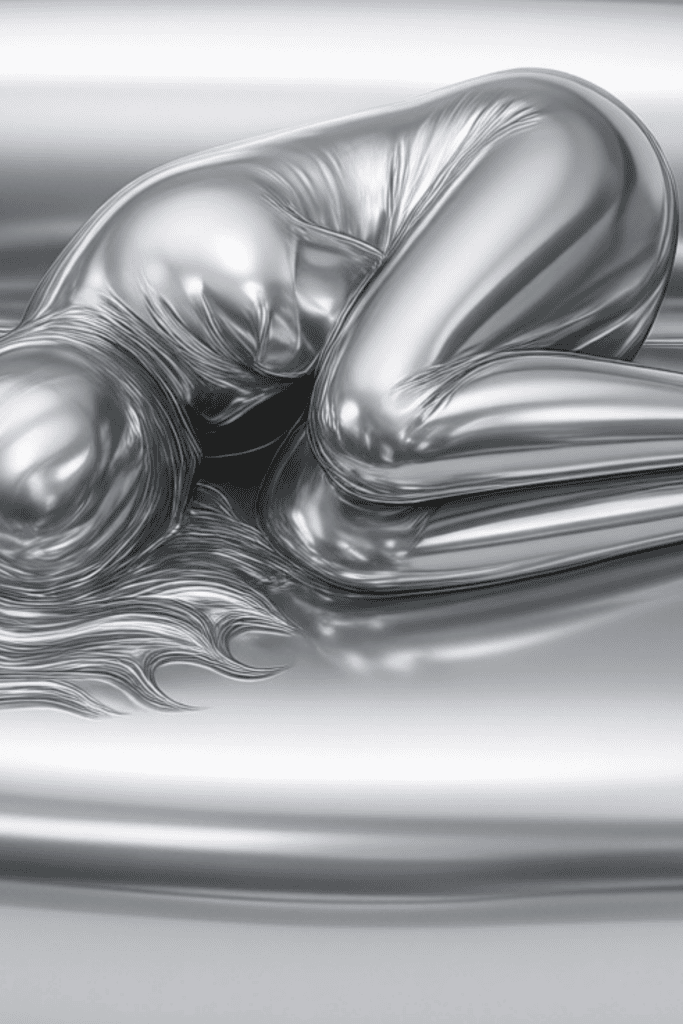Woman curled up crying on a couch. She's been edited to look like she's made entirely of chrome