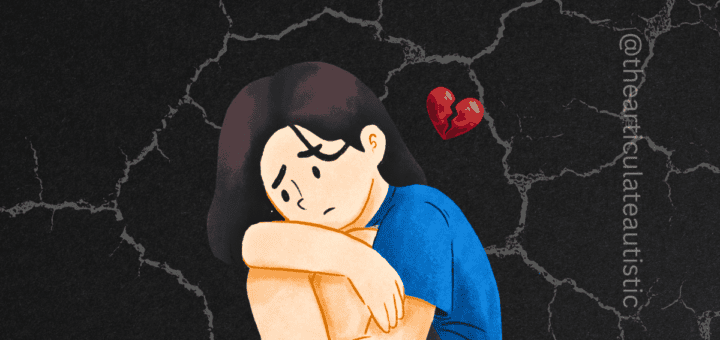 Young girl on a black, textured background sits with her knees up to her chest, her head resting on her arm. She looks very sad, and their is a broken heart close to her head